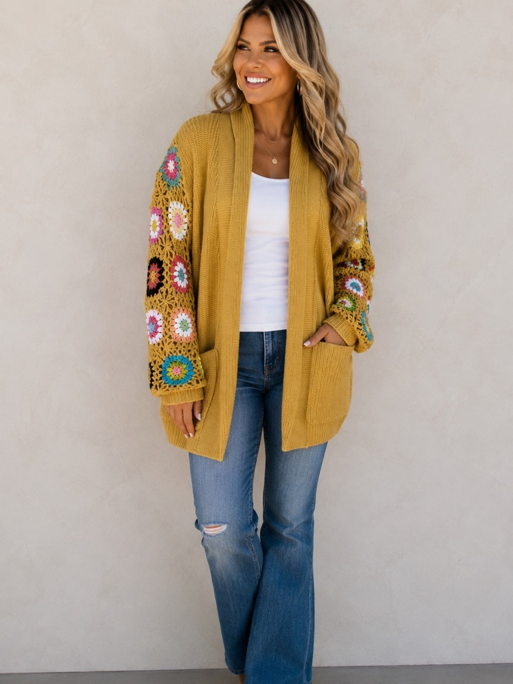 Blakely Crochet Granny Square Sleeve Cardigan Mustard Yellow Small
